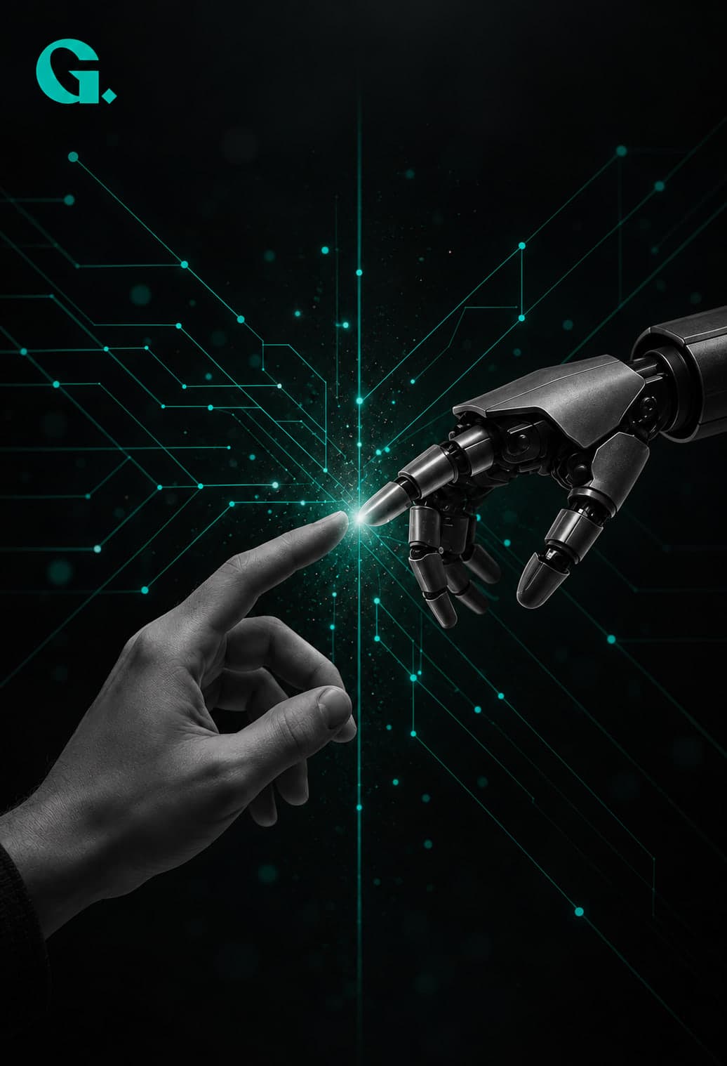 İnsan əli ilə robot əli barmaq ucları ilə toxunur, toxunduqları yerdə yaşıl işıq parlayır