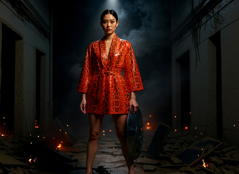 Dumanlı bir ara sokakta kırmızı desenli kaftan giymiş model